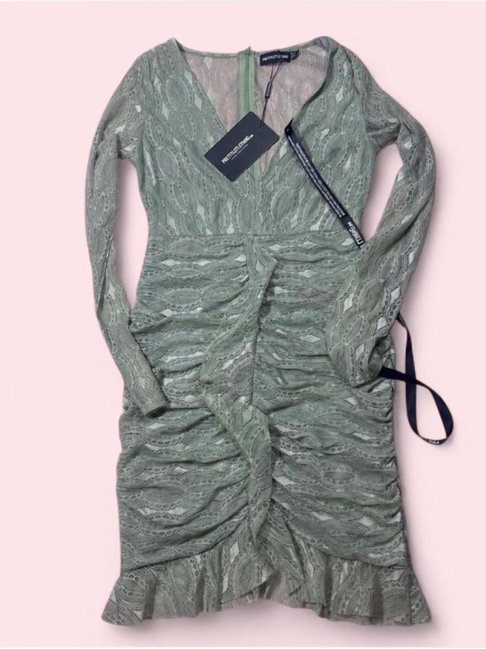 PrettyLittleThing Sage Green Lace Ruched Long Sleeve Dress